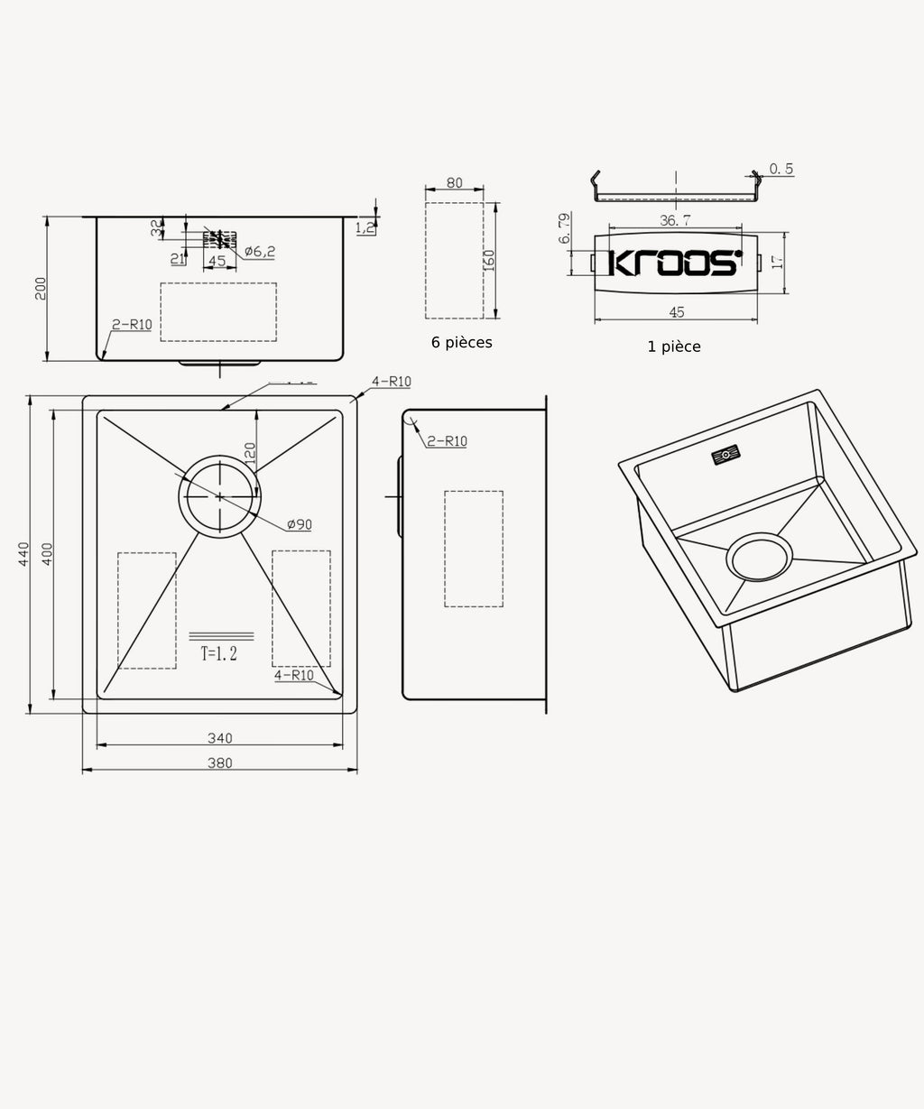 Évier de cuisine simple 380 mm - acier inoxydable - Balsa