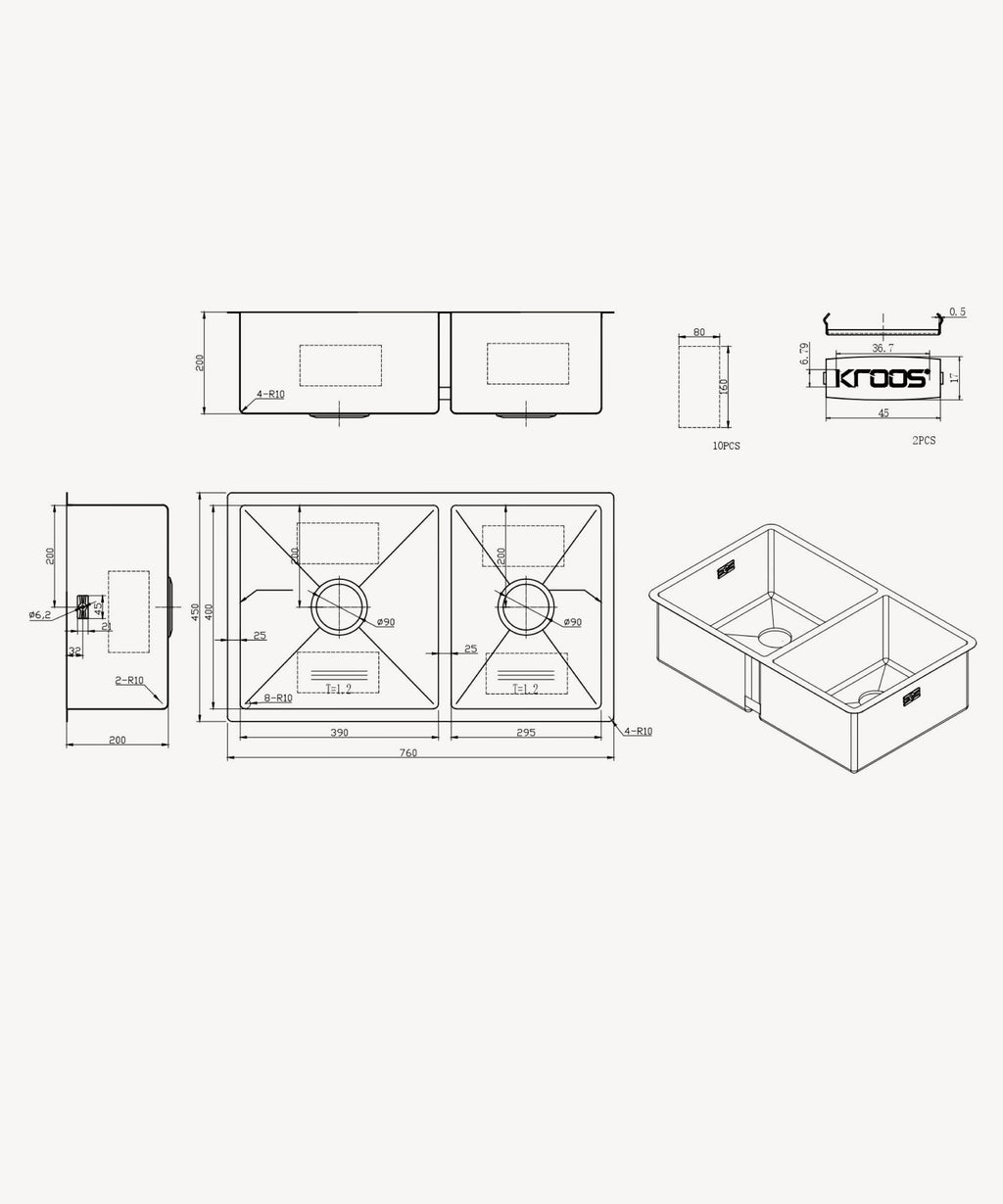 Évier de cuisine double 760 mm - gun métal brossé - Jaboty