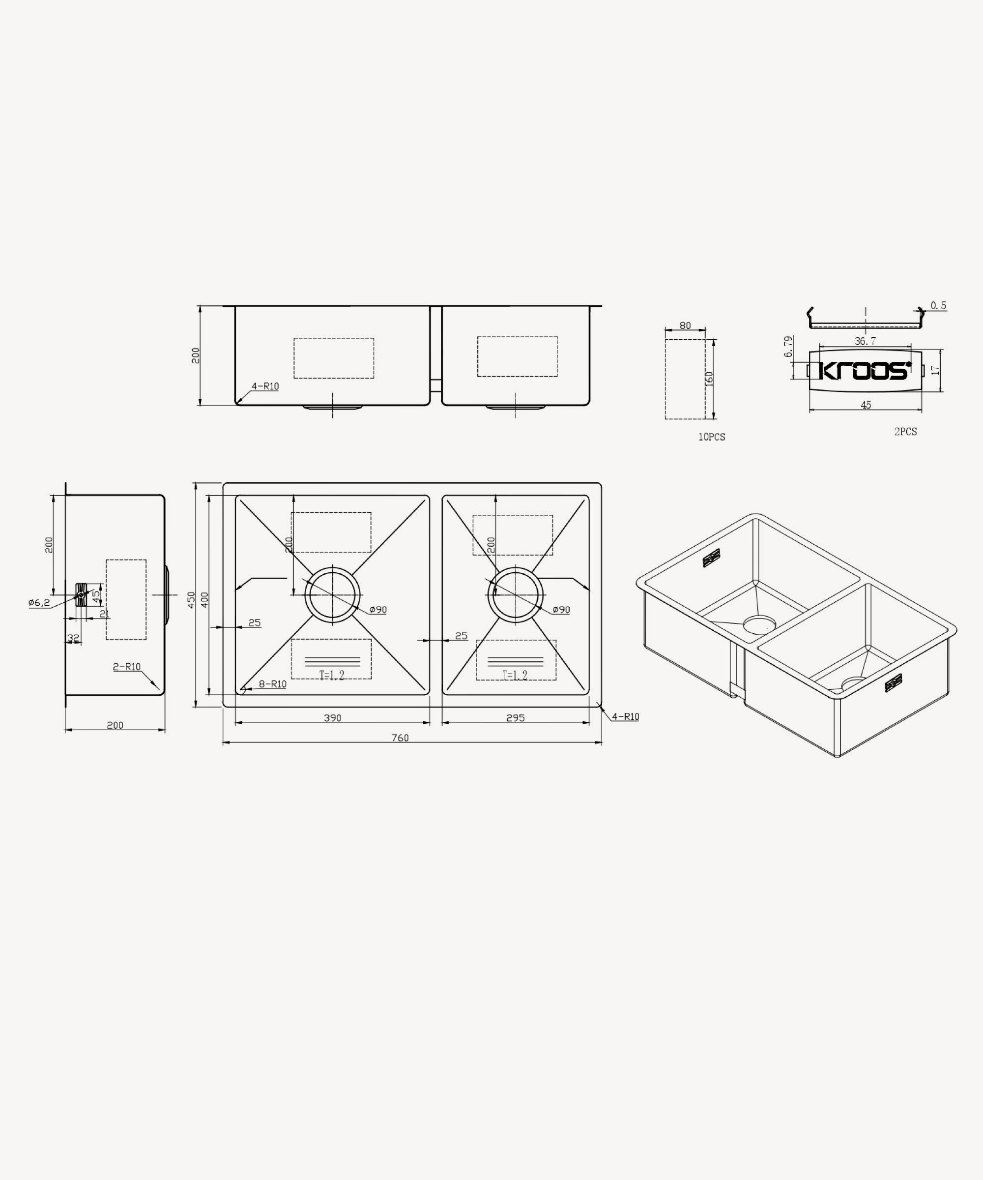 Évier de cuisine double 760 mm - gun métal brossé - Jaboty