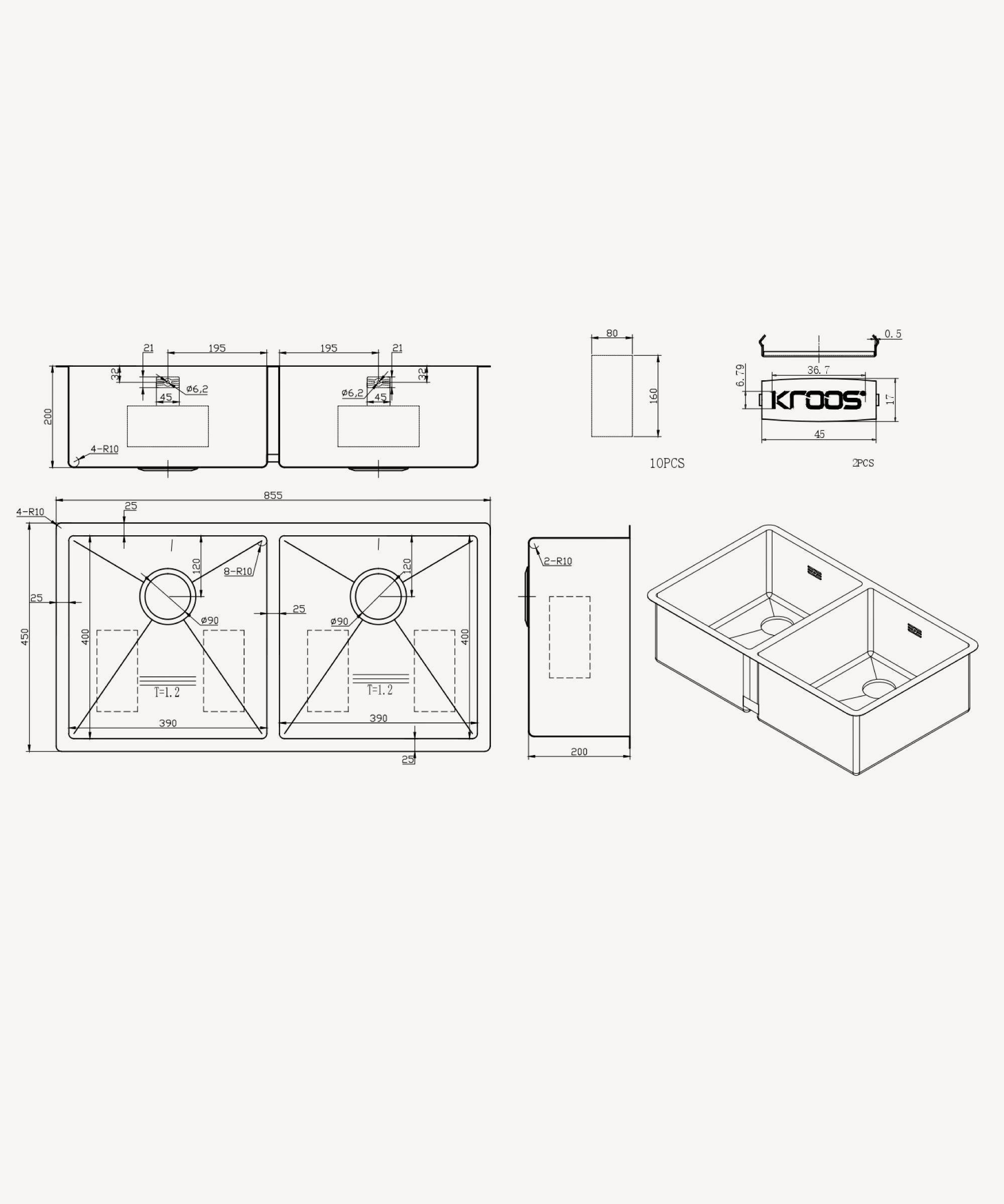 Évier de cuisine double 855 mm - acier inoxydable - Tilia