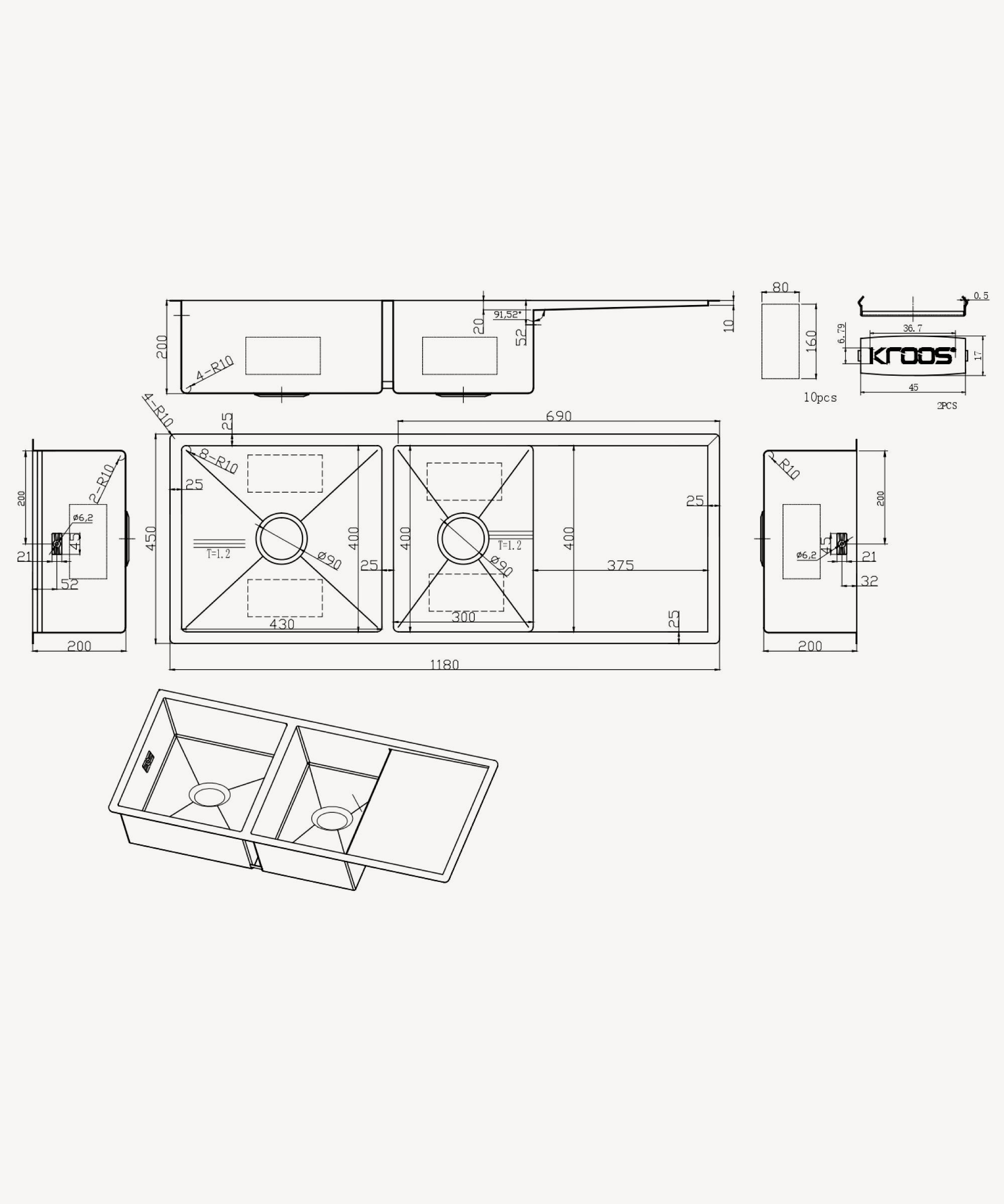 Évier de cuisine double 1180 mm - cuivre brossé - Filao