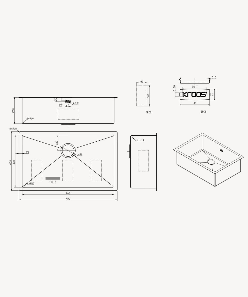 Évier simple 750 mm - gun metal brossé - Hiba