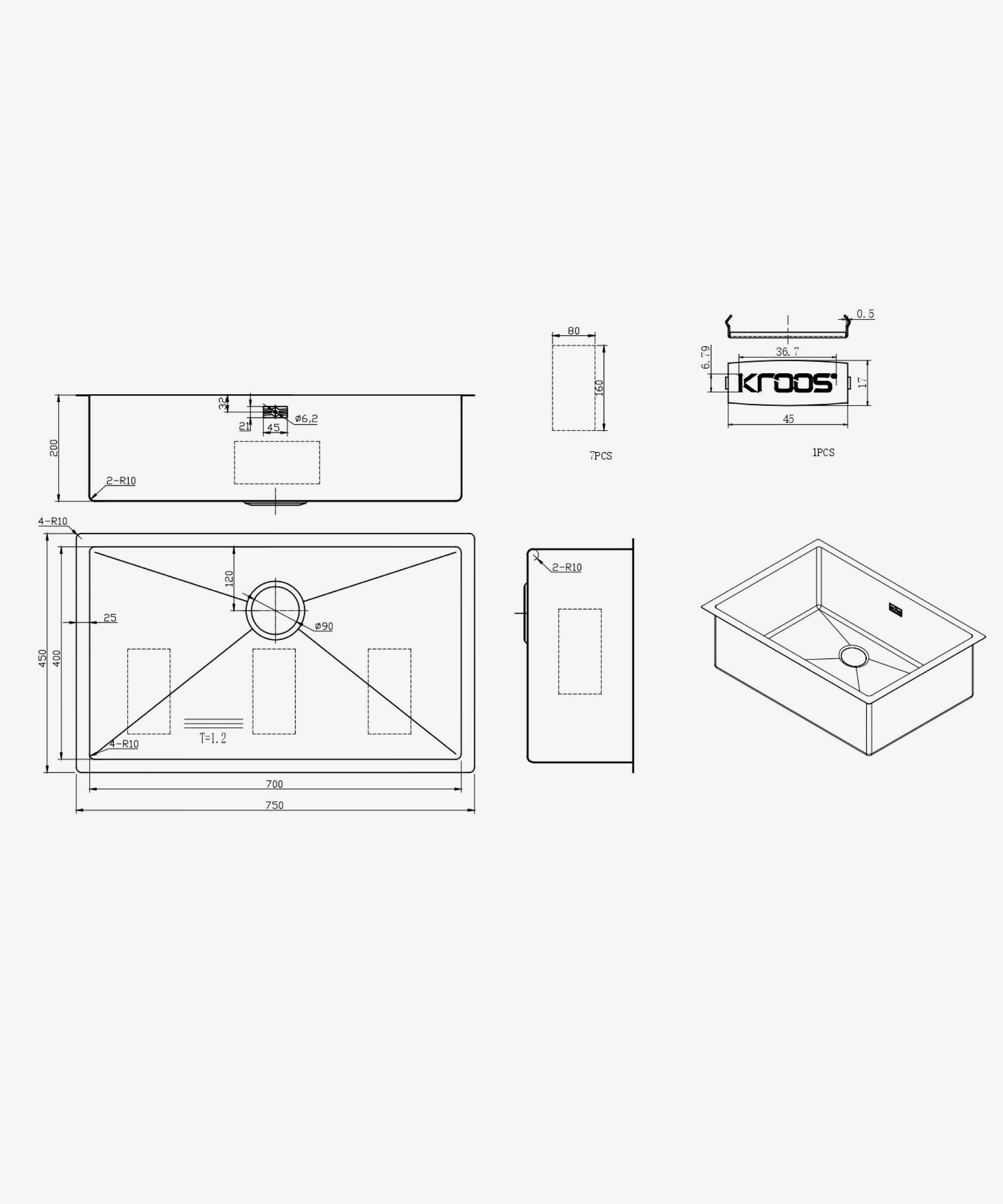 Évier simple 750 mm - acier inoxydable - Hiba