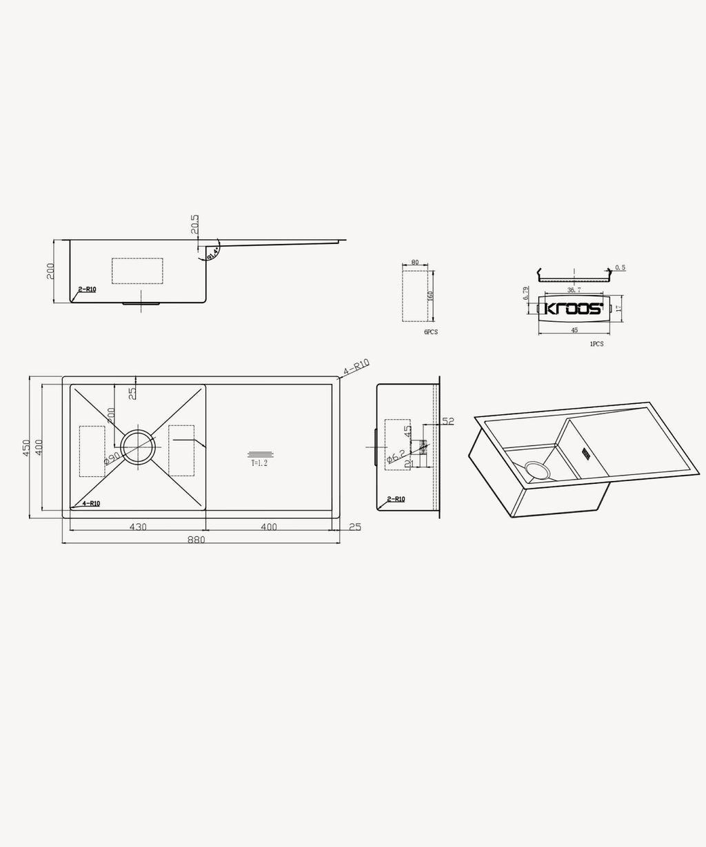 Évier de cuisine simple 880 mm - gun metal brossé - Limba